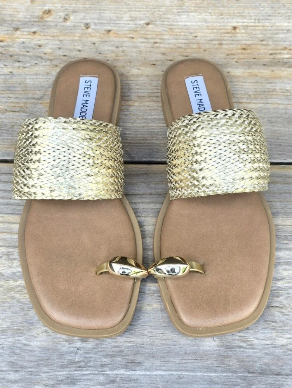 Steve Madden Dacey Y2K Coastal Boho Metallic Woven Toe Ring Slide Sandals 7M